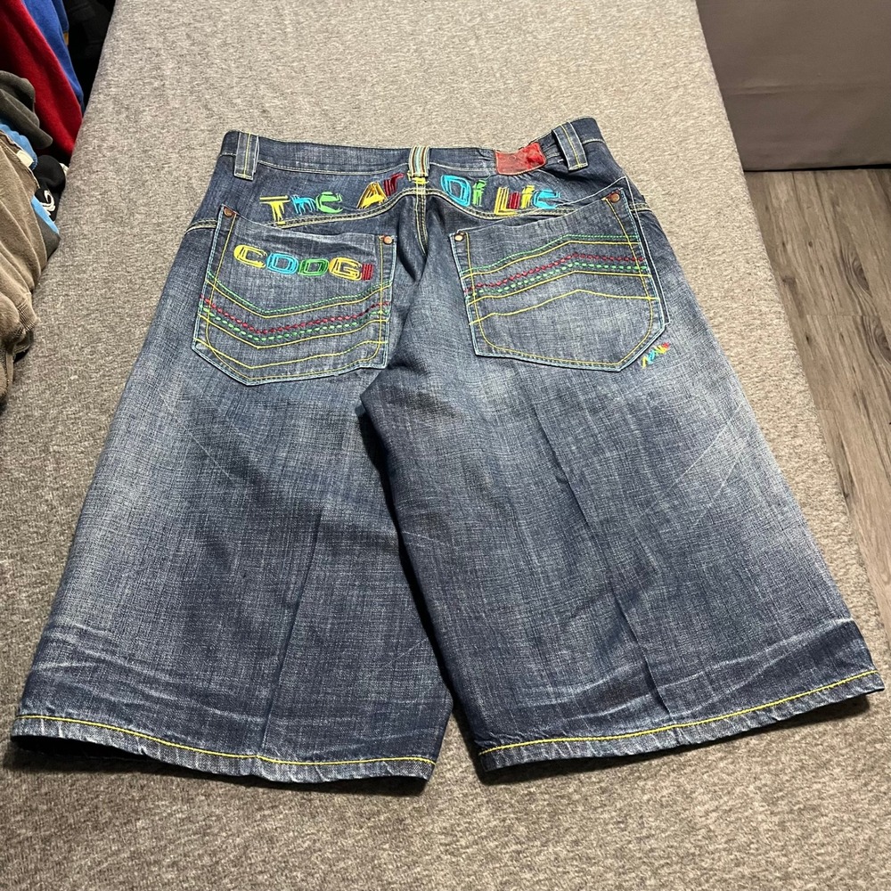 Coogi The Art Of Life Embroidered Denim Shorts Mens 34 Baggy Hip Hop Jorts Dark